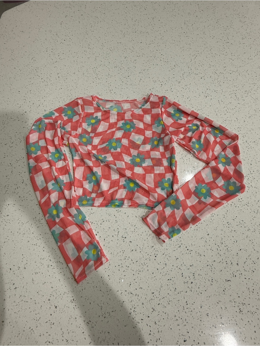 Floral Gingham Long Sleeve Crop Top - Pink & Teal